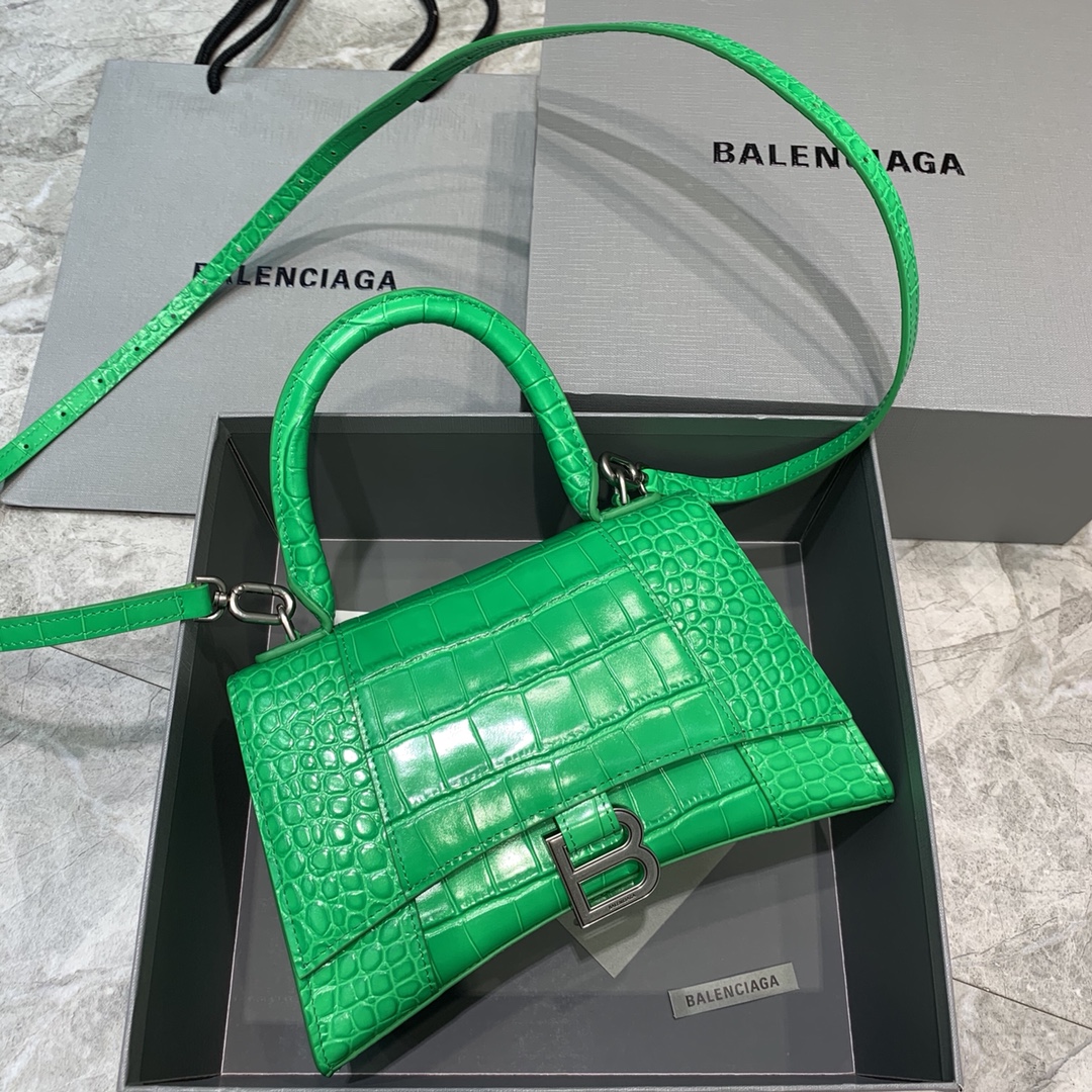 Balenciaga Hourglass Small Handbag Crocodile Embossed Shoulder Bag Green